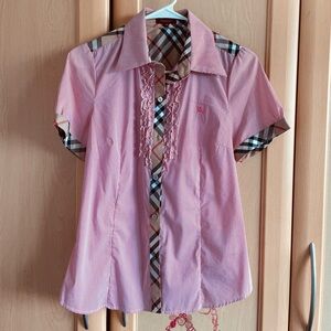 Pink Plaid Short Sleeve Blouse Shirt top